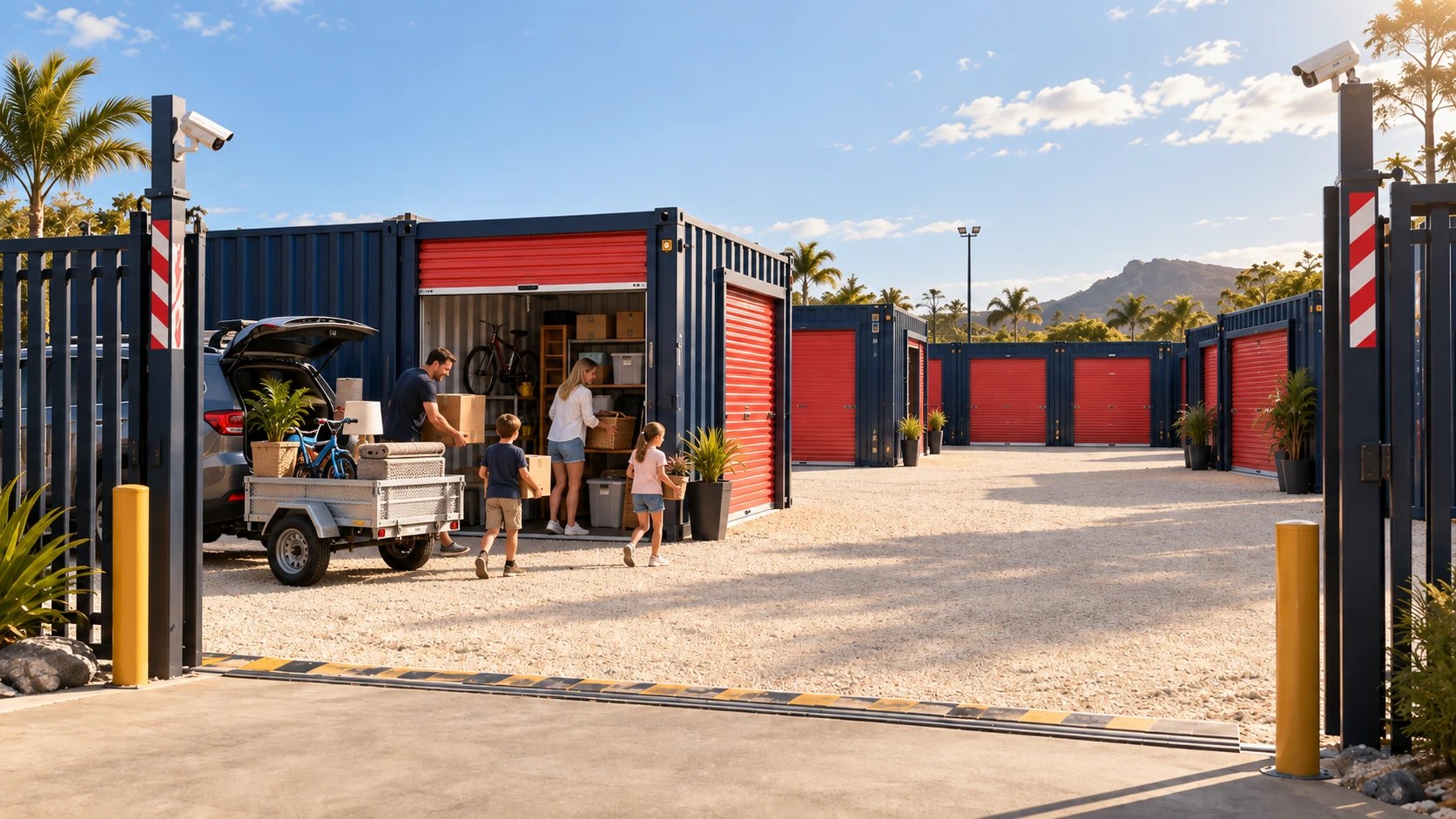 Family unloading a trailer into storage